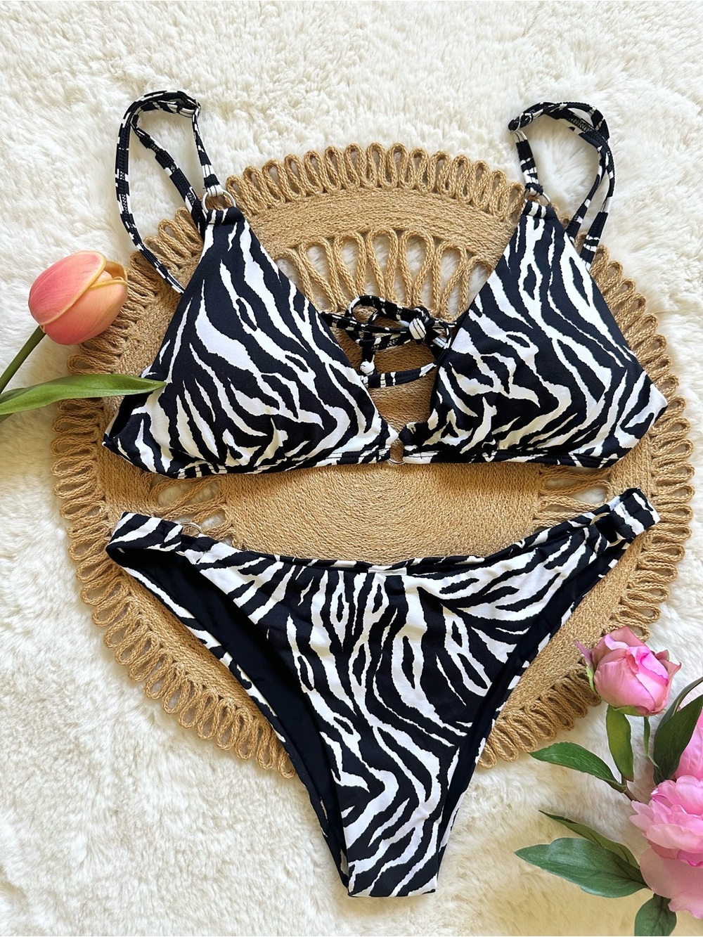 Zebra Print Two-Piece Bikini Set Small- Black & White